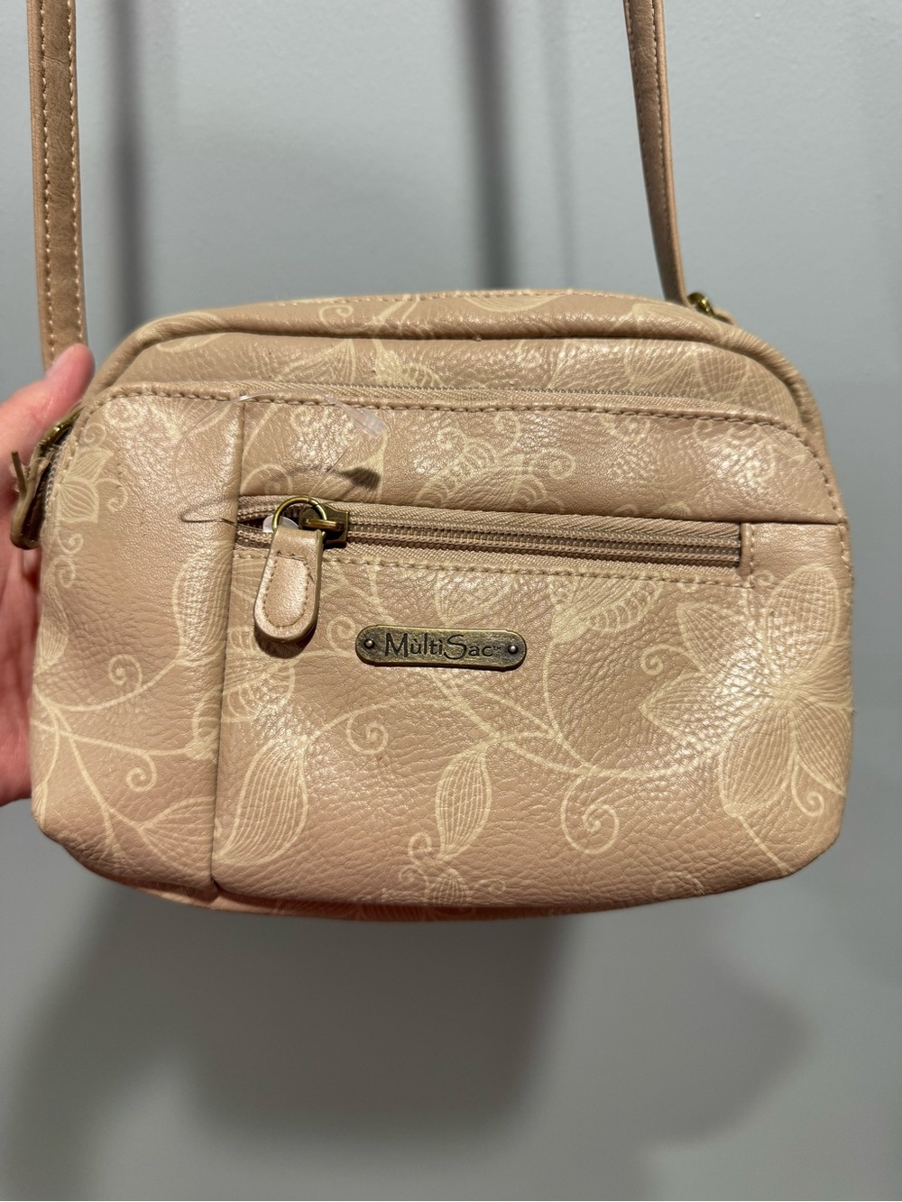 Beige Floral MultiSac Crossbody Bag with Front Zip Pocket